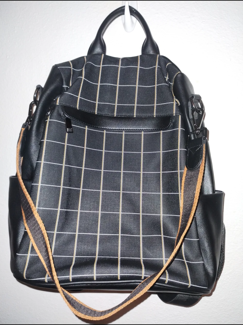 Black Grid-Pattern Backpack with Contrast Brown Strap
